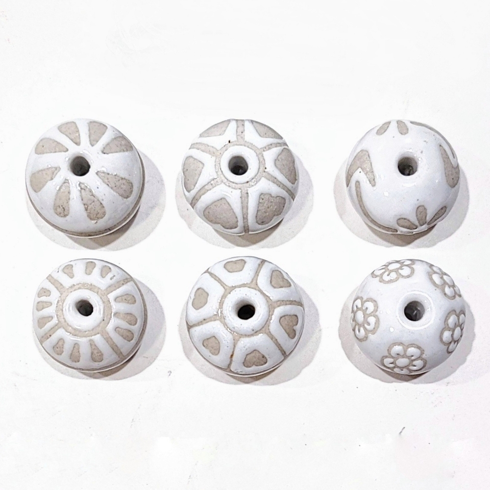 OwlKraft Set of 6 Ceramic Knobs White Natural Clay Drawer Pulls Silver Hardware